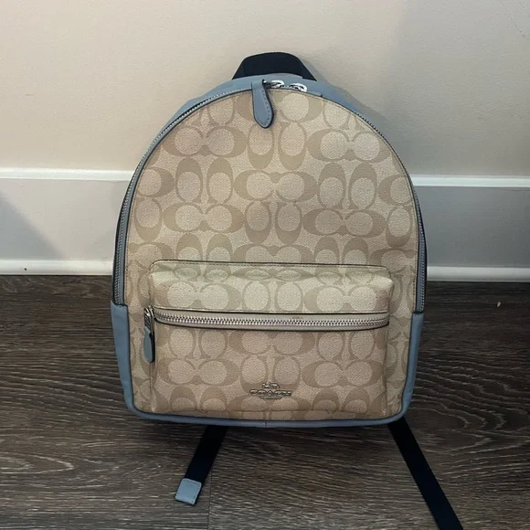 Coach Signature Beige and Light Blue Backpack Coachtopia baby blue qt ? Riverside: @coachtopia puffy  main image 4